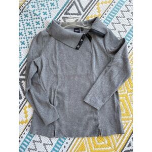 Rafaella Gray Asymmetrical Snap Collar Ribbed Front Knit Top Women Large